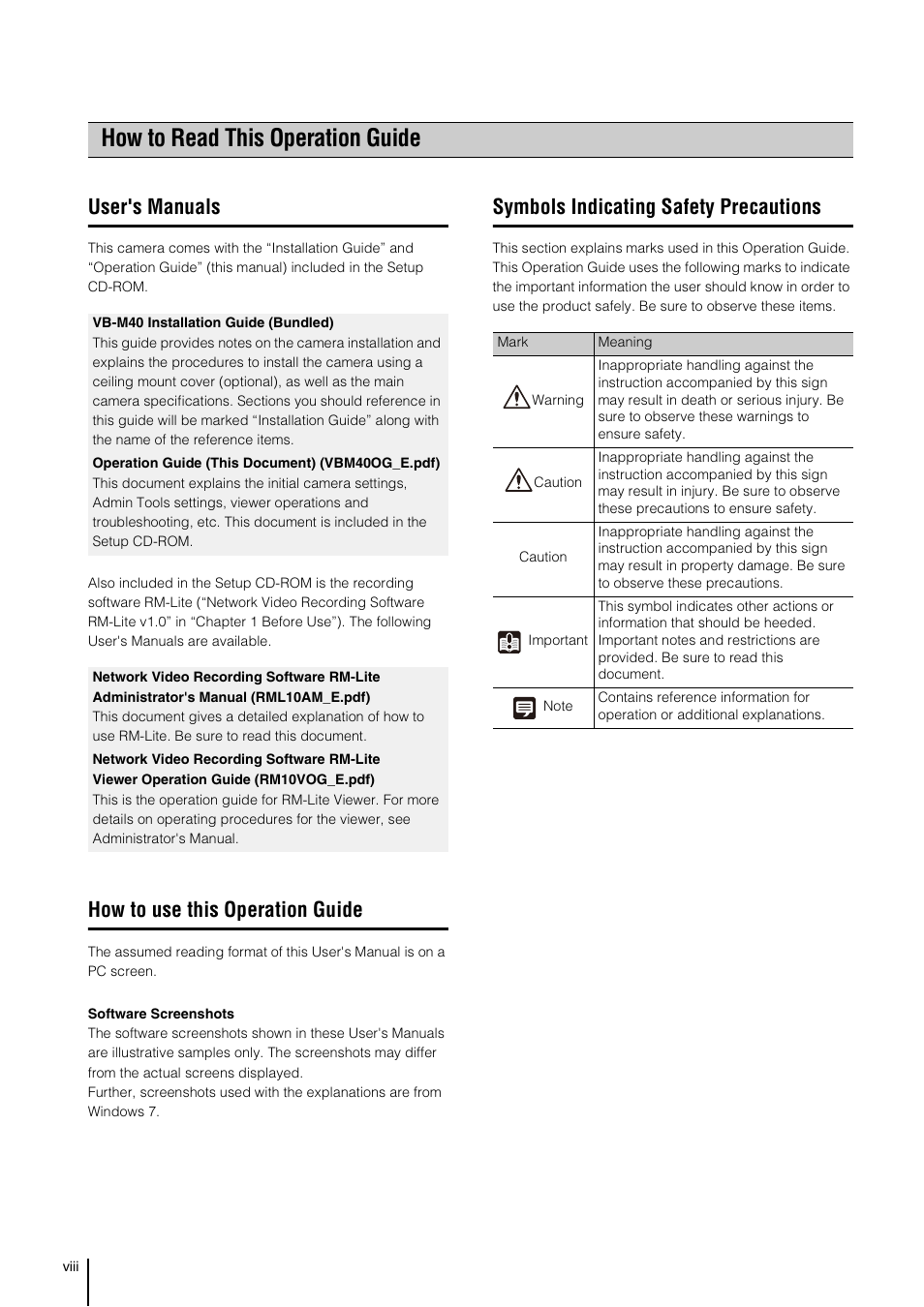 How to read this operation guide, User's manuals, How to use this operation guide | Symbols indicating safety precautions | Canon VB-M40 User Manual | Page 8 / 149