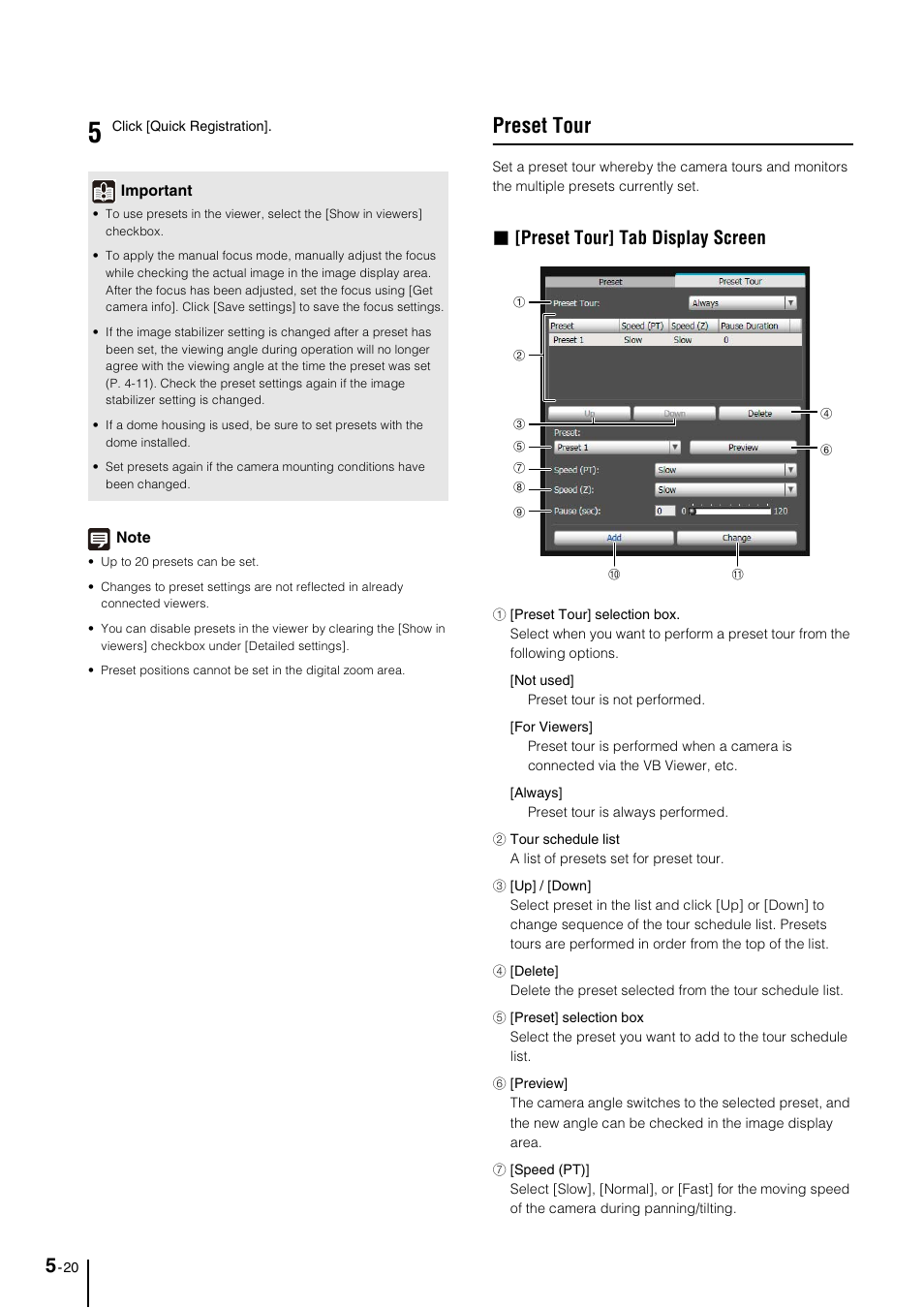 Preset tour, Preset tour -20, P. 5-20 | E “preset tour” (p. 5-20), Preset tour] tab display screen | Canon VB-M40 User Manual | Page 84 / 149