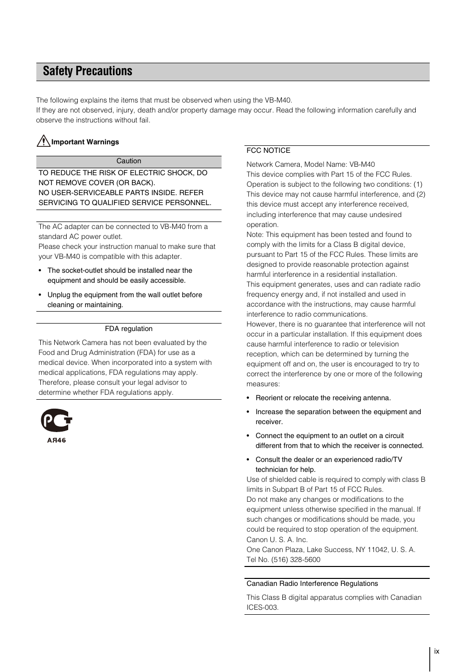 Safety precautions | Canon VB-M40 User Manual | Page 9 / 149