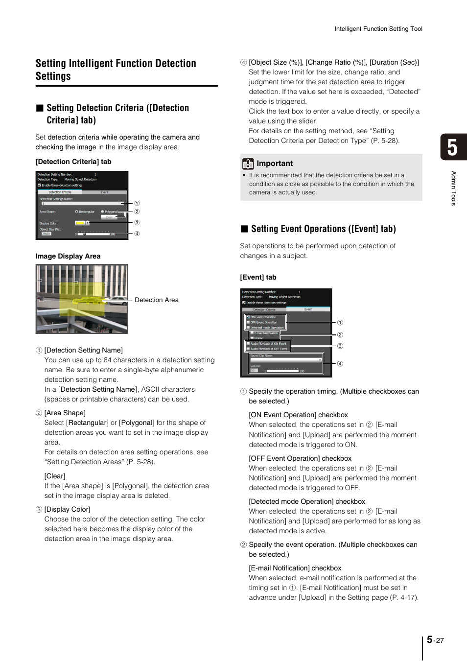 Setting intelligent function detection settings, Ion] (p. 5-27), P. 5-27)) | Setting event operations ([event] tab) | Canon VB-M40 User Manual | Page 91 / 149