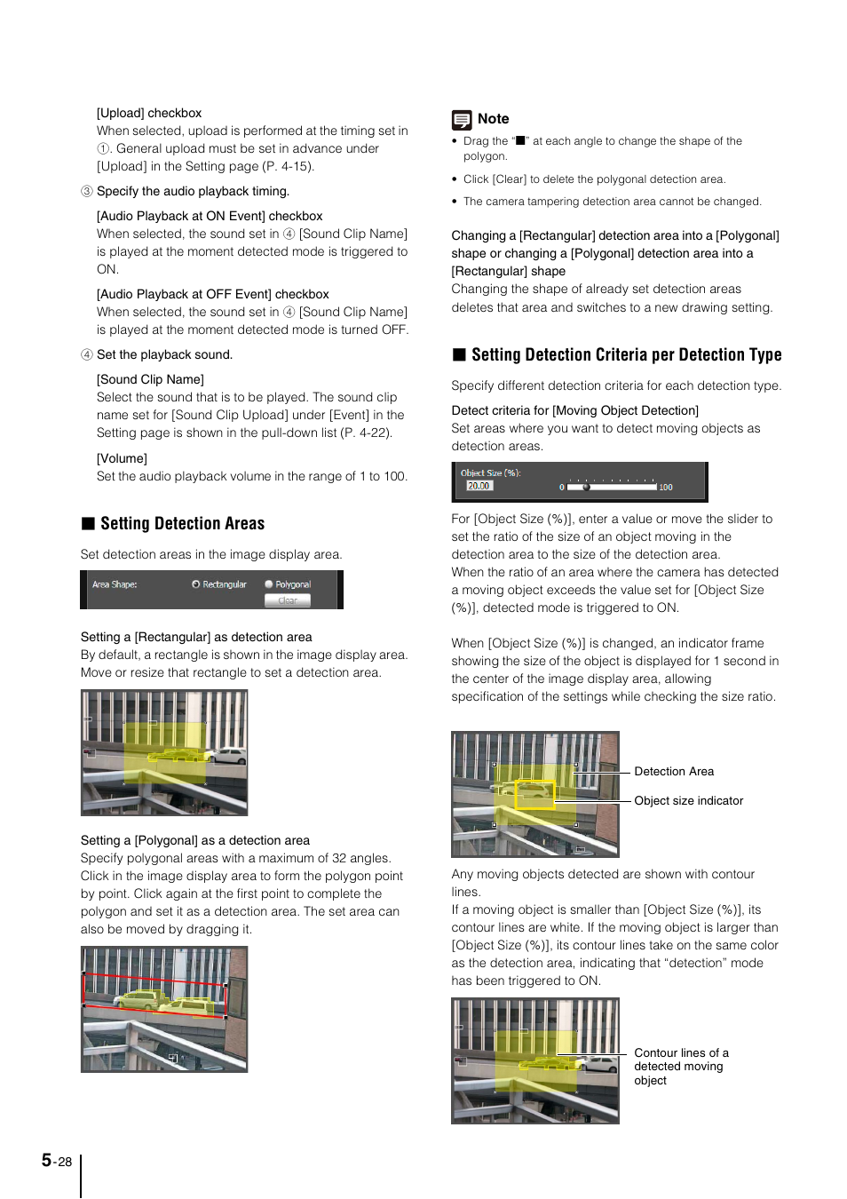 Setting detection areas” (p. 5-28), E “setting, Detection criteria per detection type” (p. 5-28) | Setting detection areas, Setting detection criteria per detection type | Canon VB-M40 User Manual | Page 92 / 149