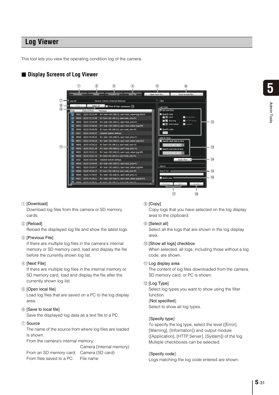 Log viewer, Log viewer -31, Display screens of log viewer | Canon VB-M40 User Manual | Page 95 / 149