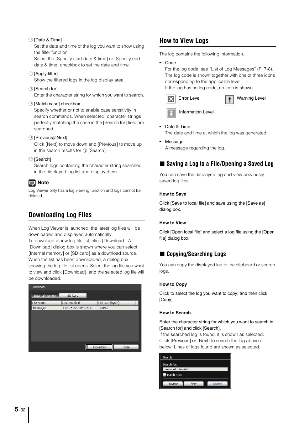 Downloading log files, How to view logs, Downloading log files -32 | How to view logs -32, Saving a log to a file/opening a saved log, Copying/searching logs | Canon VB-M40 User Manual | Page 96 / 149