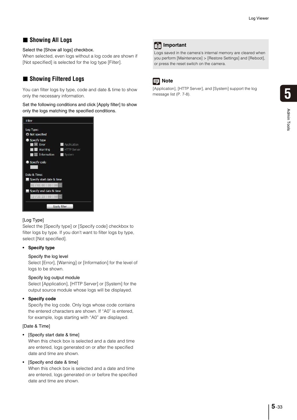 Showing all logs, Showing filtered logs | Canon VB-M40 User Manual | Page 97 / 149