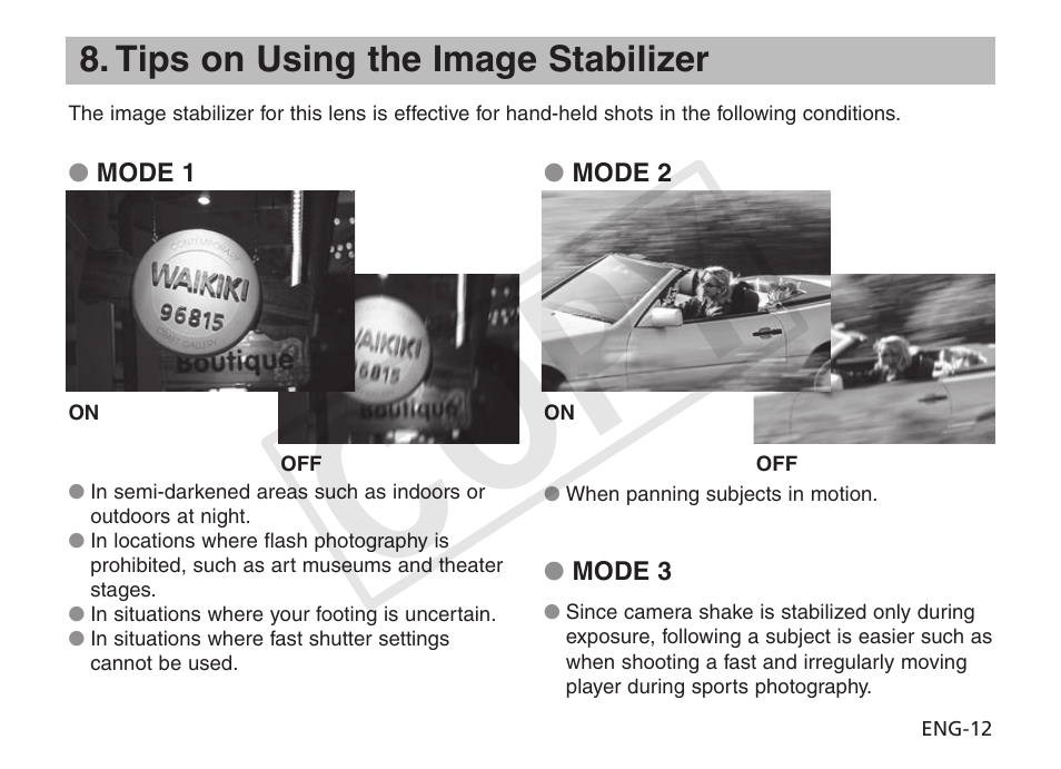 Cop y, Tips on using the image stabilizer | Canon EF 400mm f2.8L IS II USM User Manual | Page 13 / 23