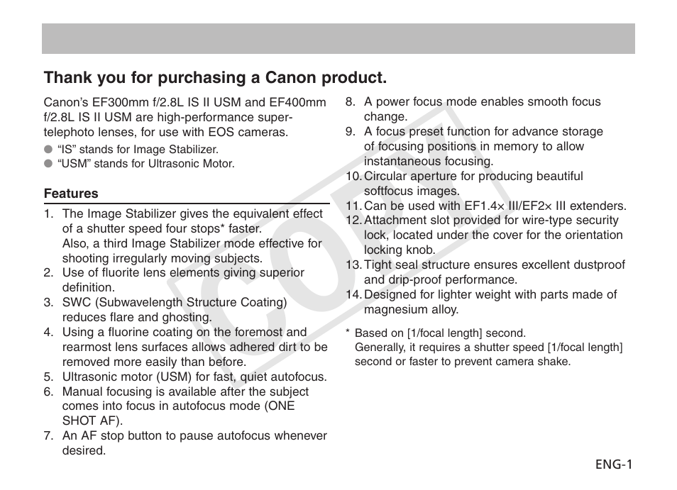 Cop y | Canon EF 400mm f2.8L IS II USM User Manual | Page 2 / 23