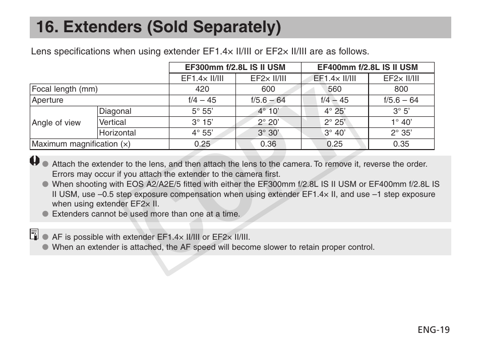 Cop y, Extenders (sold separately) | Canon EF 400mm f2.8L IS II USM User Manual | Page 20 / 23