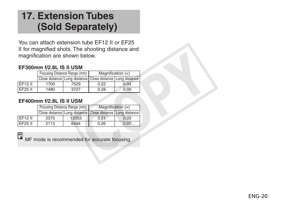Cop y, Extension tubes (sold separately) | Canon EF 400mm f2.8L IS II USM User Manual | Page 21 / 23