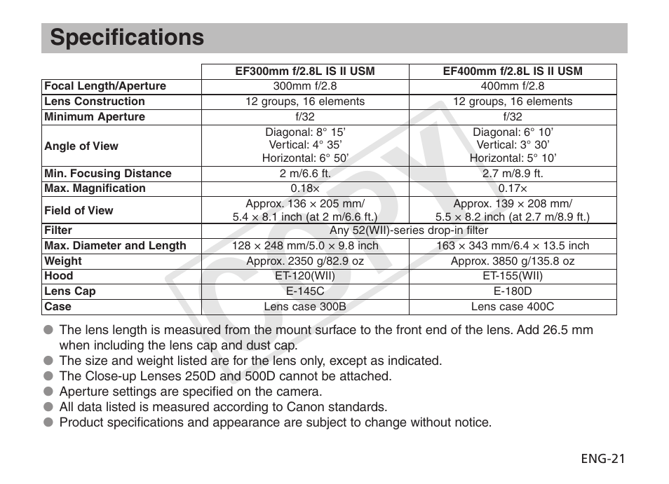 Cop y, Specifications | Canon EF 400mm f2.8L IS II USM User Manual | Page 22 / 23