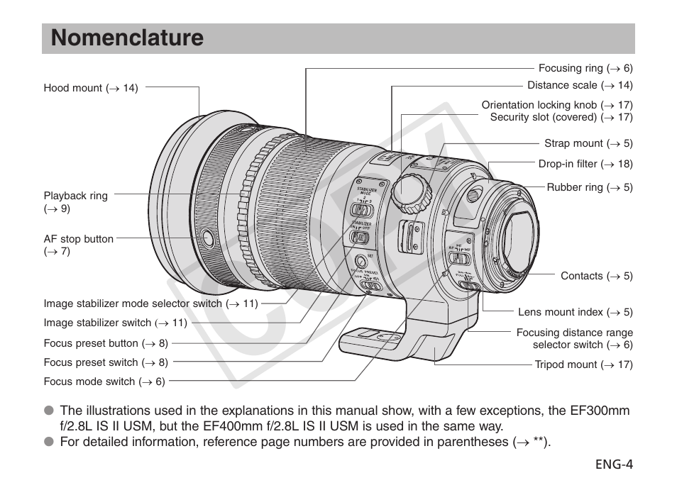 Cop y, Nomenclature | Canon EF 400mm f2.8L IS II USM User Manual | Page 5 / 23