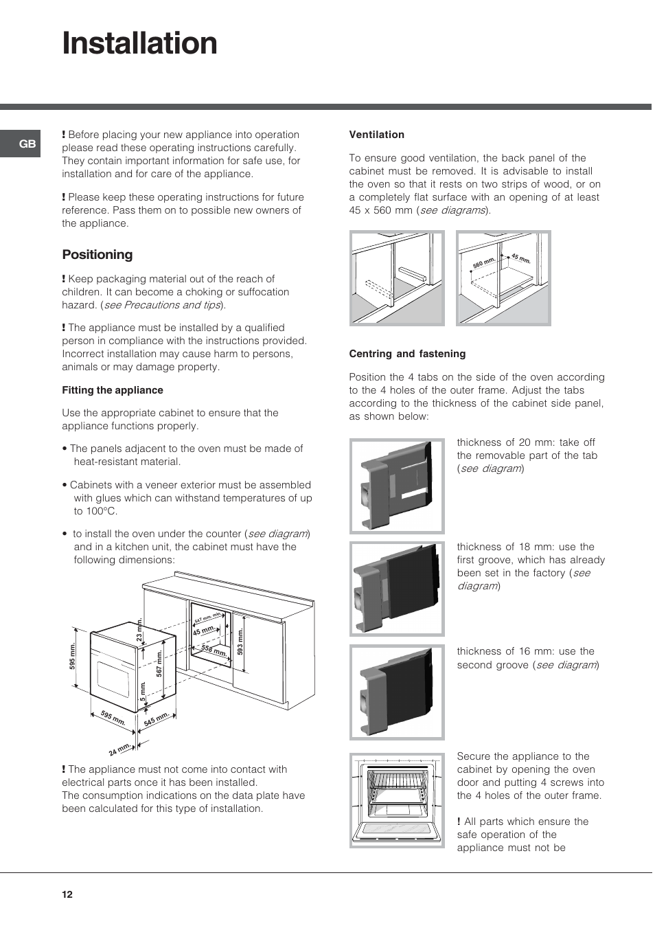 Installation, Positioning | Hotpoint Ariston FH 51 IX-HA  IT User Manual | Page 12 / 48