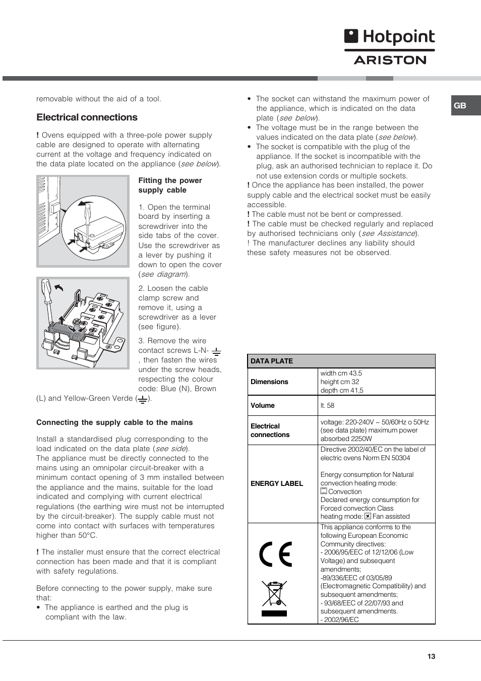 Electrical connections | Hotpoint Ariston FH 51 IX-HA  IT User Manual | Page 13 / 48