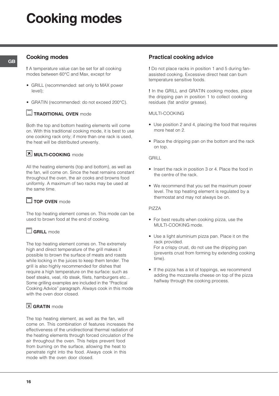 Cooking modes | Hotpoint Ariston FH 51 IX-HA  IT User Manual | Page 16 / 48