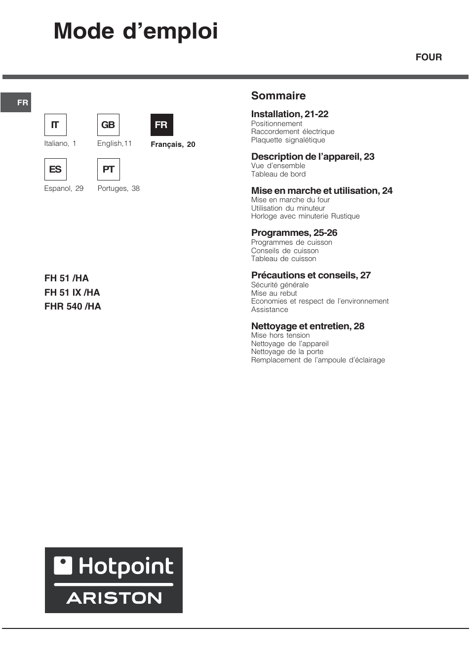Mode demploi, Sommaire | Hotpoint Ariston FH 51 IX-HA  IT User Manual | Page 20 / 48