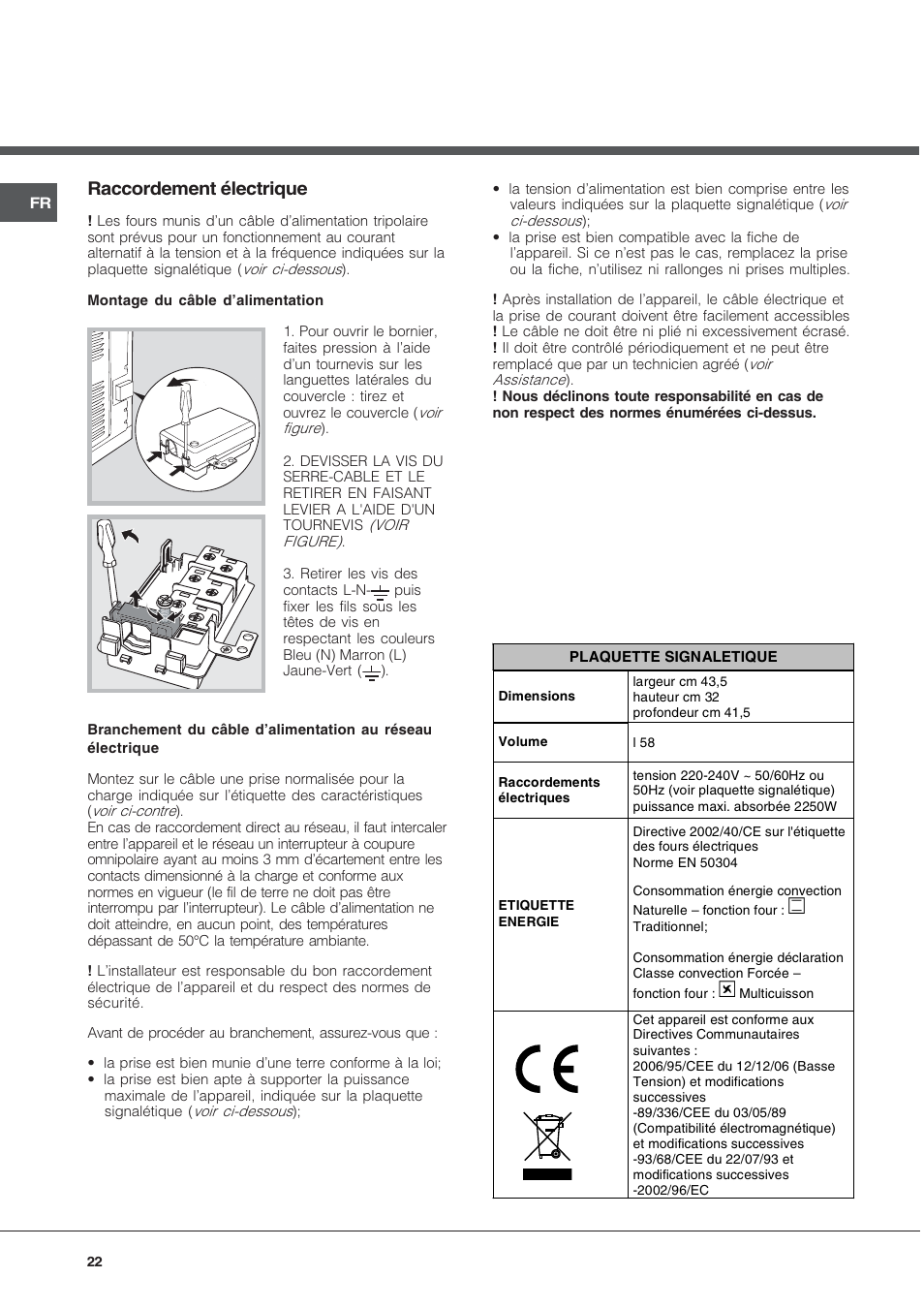Raccordement électrique | Hotpoint Ariston FH 51 IX-HA  IT User Manual | Page 22 / 48