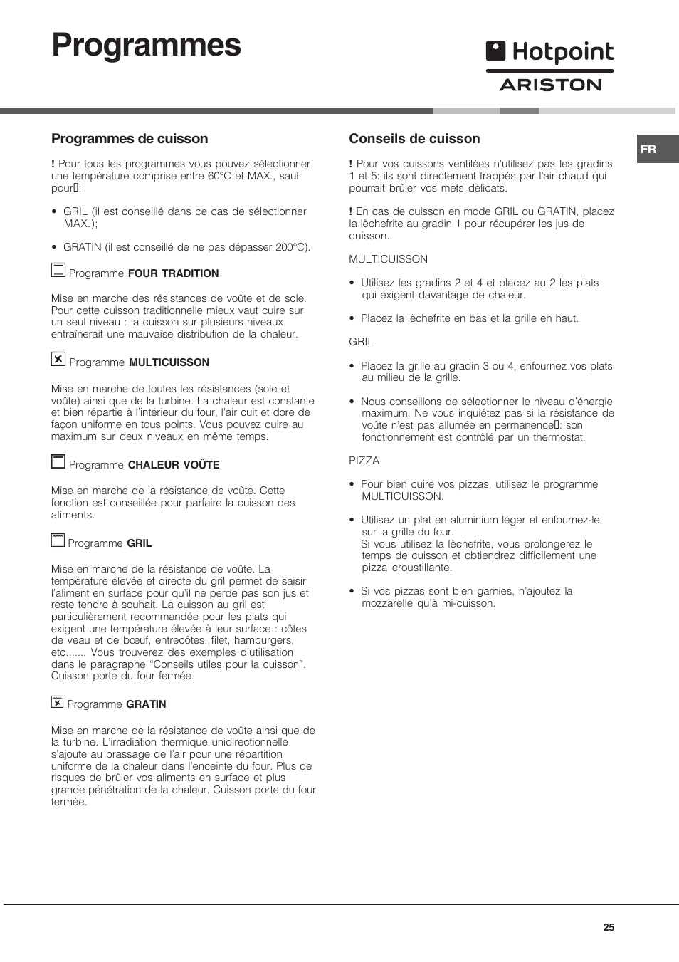 Programmes | Hotpoint Ariston FH 51 IX-HA  IT User Manual | Page 25 / 48