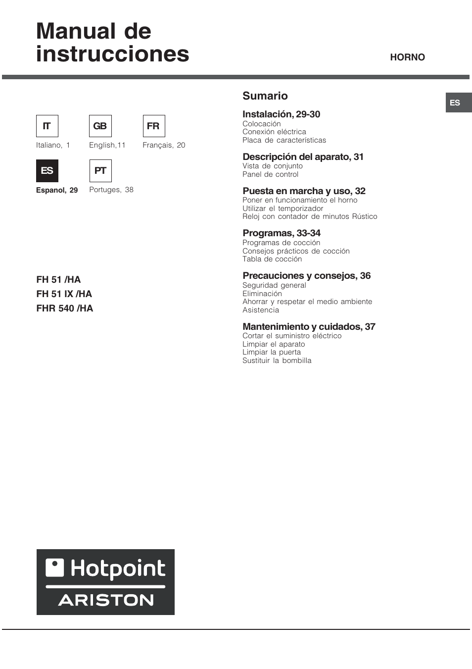 Manual de instrucciones, Sumario | Hotpoint Ariston FH 51 IX-HA  IT User Manual | Page 29 / 48