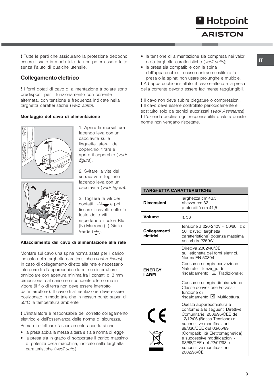 Collegamento elettrico | Hotpoint Ariston FH 51 IX-HA  IT User Manual | Page 3 / 48