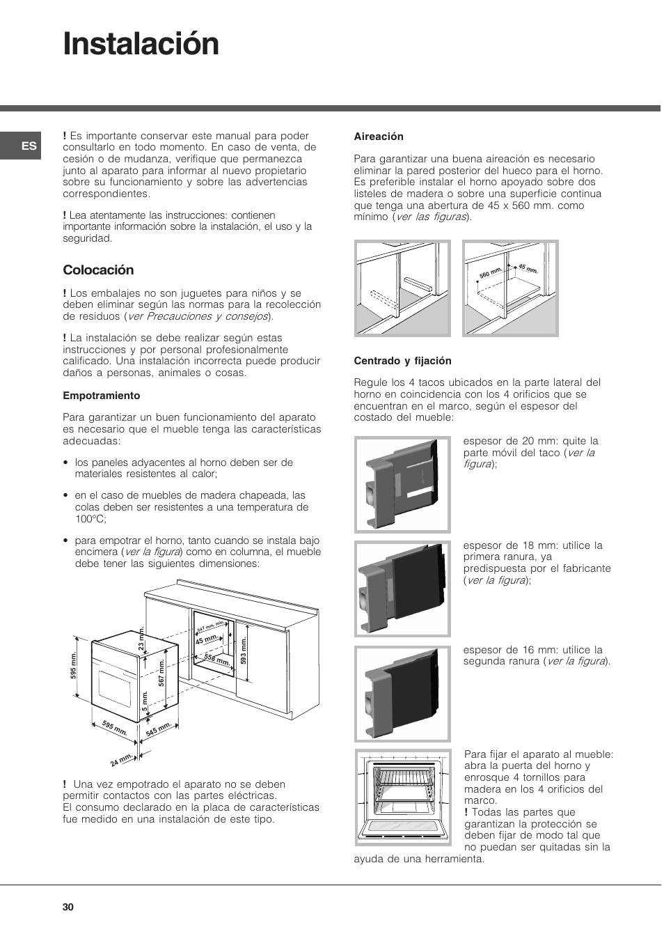 Instalación, Colocación | Hotpoint Ariston FH 51 IX-HA  IT User Manual | Page 30 / 48