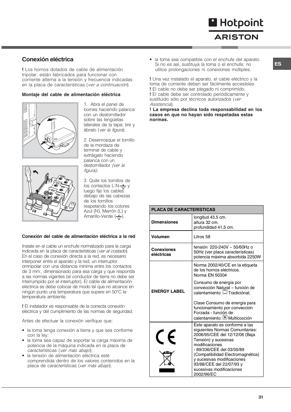 Conexión eléctrica | Hotpoint Ariston FH 51 IX-HA  IT User Manual | Page 31 / 48