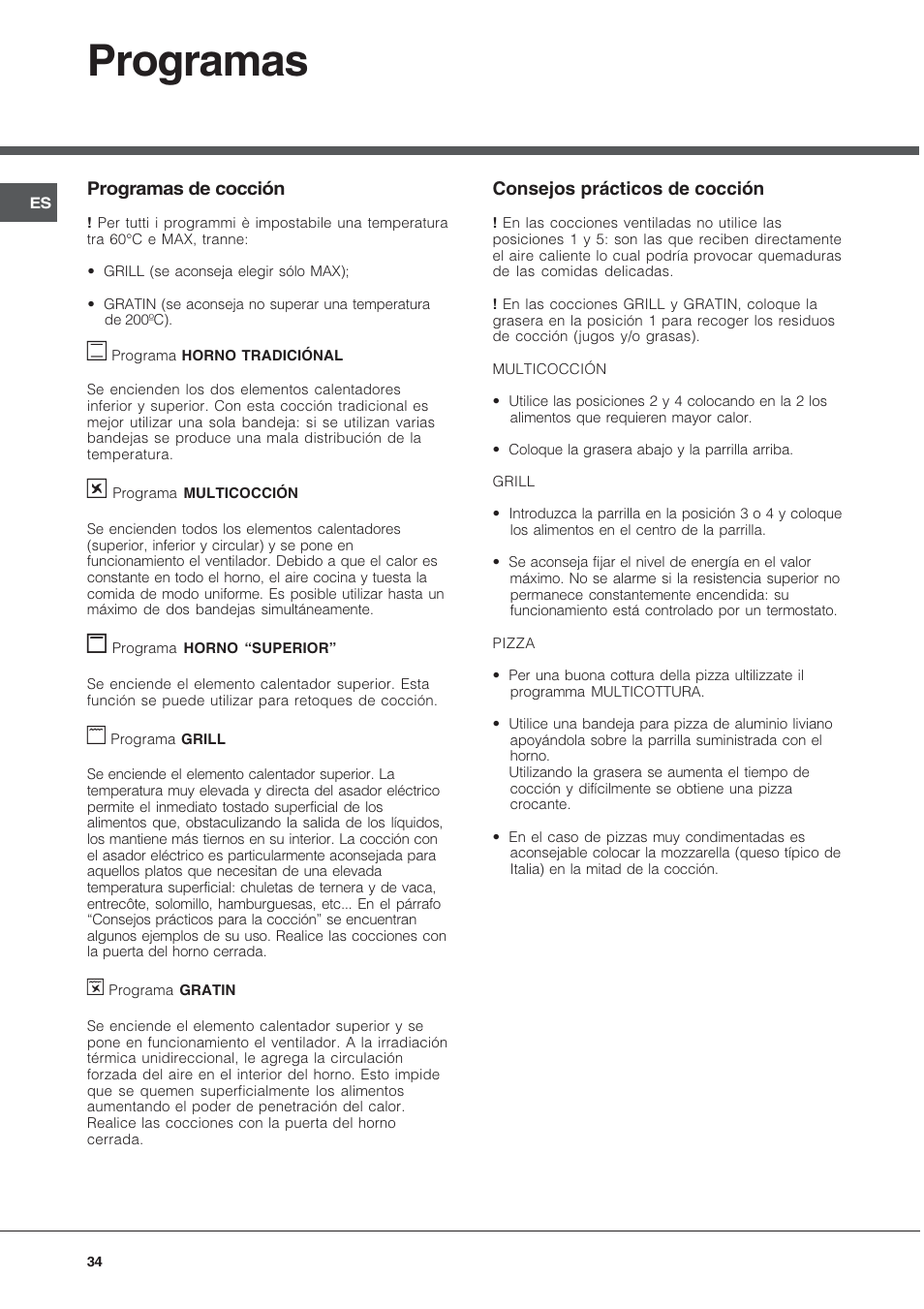 Programas | Hotpoint Ariston FH 51 IX-HA  IT User Manual | Page 34 / 48