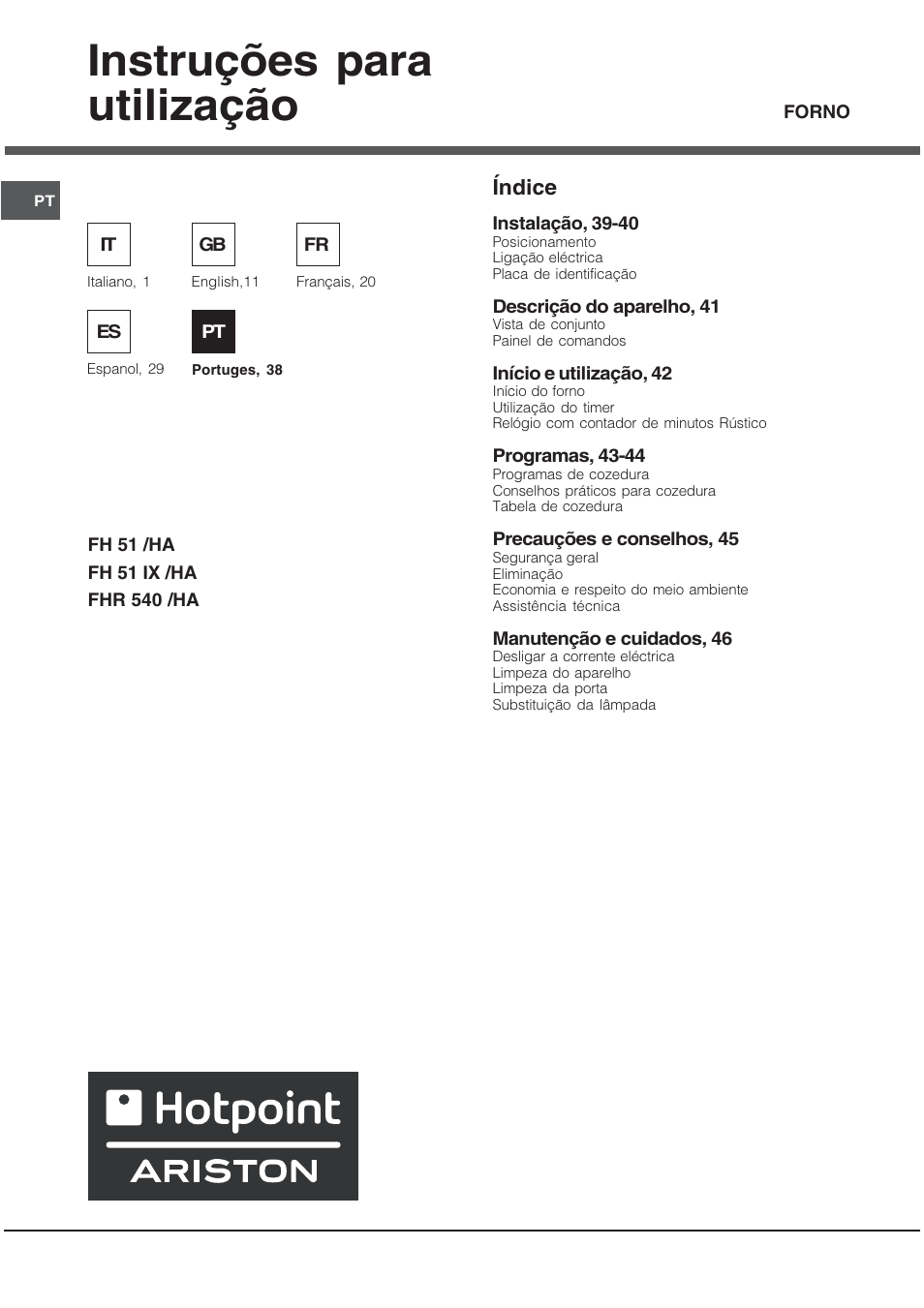 Instruções para utilização, Índice | Hotpoint Ariston FH 51 IX-HA  IT User Manual | Page 38 / 48