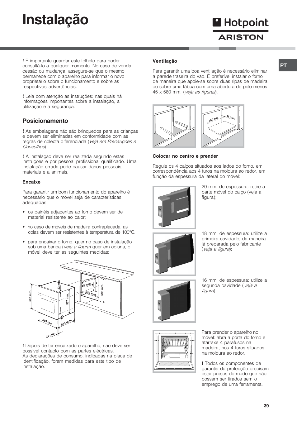 Instalação, Posicionamento | Hotpoint Ariston FH 51 IX-HA  IT User Manual | Page 39 / 48