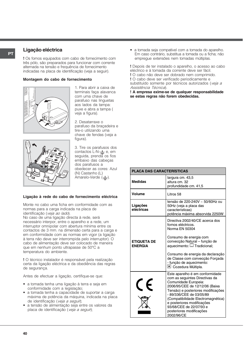 Ligação eléctrica | Hotpoint Ariston FH 51 IX-HA  IT User Manual | Page 40 / 48