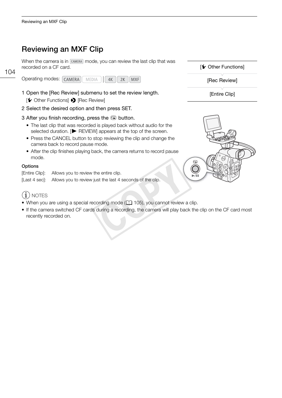 Reviewing an mxf clip, Reviewing an mxf clip 104, 104) to | Cop y | Canon EOS C500 PL User Manual | Page 104 / 212