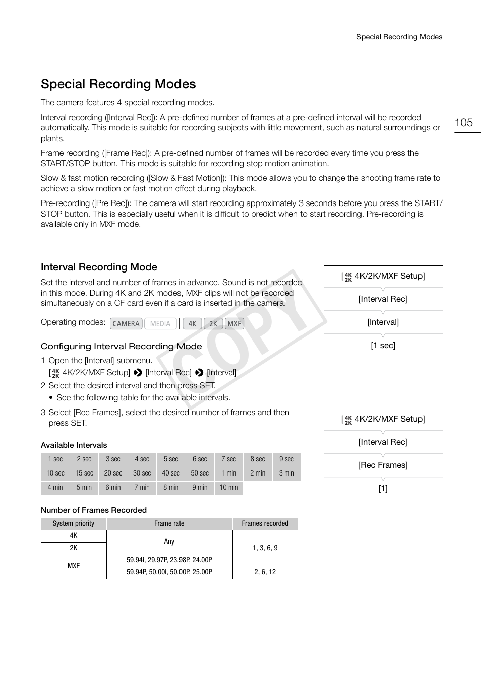 Special recording modes, Interval recording mode, 105) giv | Special recording modes 105, Interval recording mode 105, Cop y | Canon EOS C500 PL User Manual | Page 105 / 212