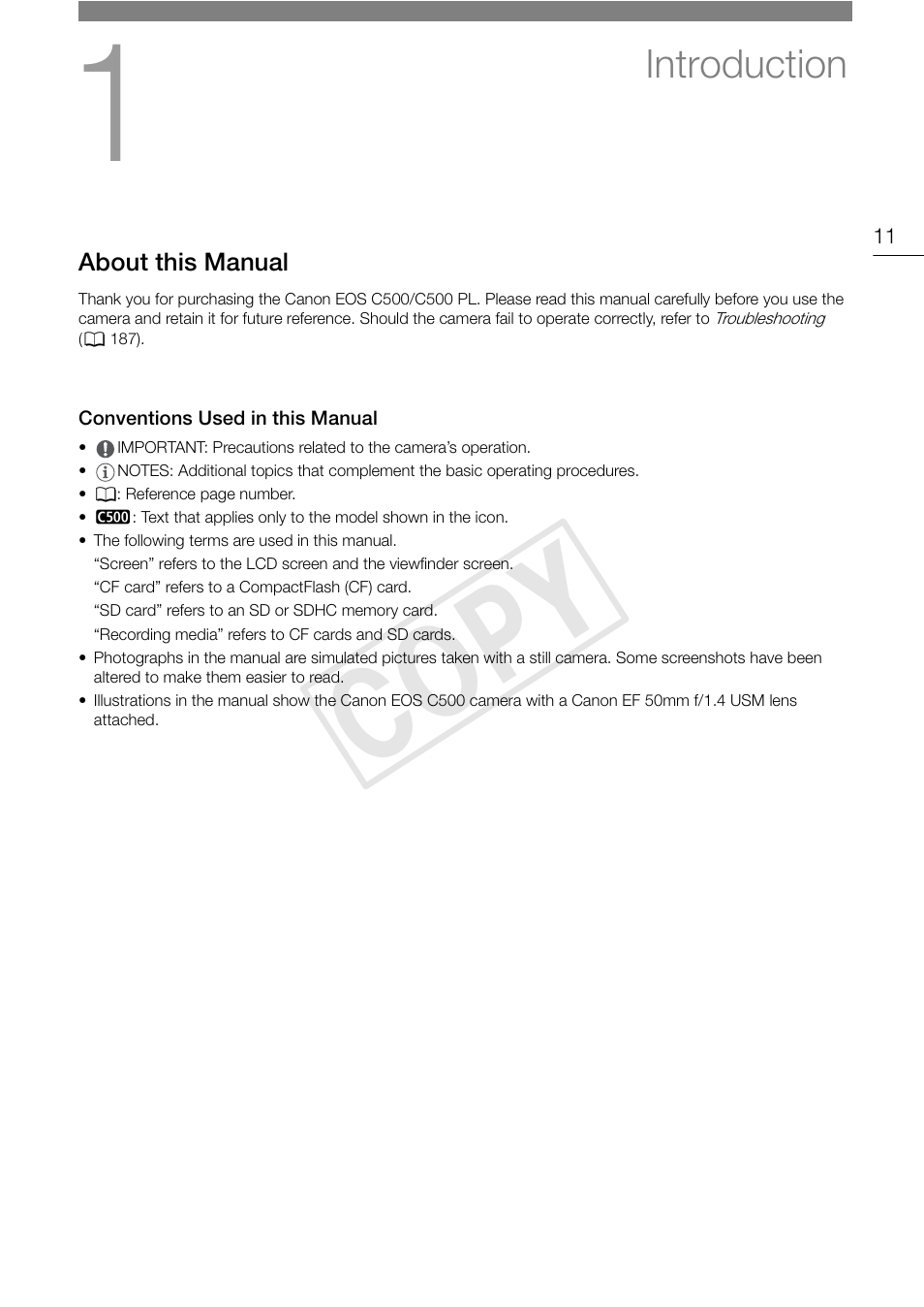 Introduction, About this manual, Conventions used in this manual | Introduction 11, About this manual 11, Conventions used in this manual 11, Cop y | Canon EOS C500 PL User Manual | Page 11 / 212