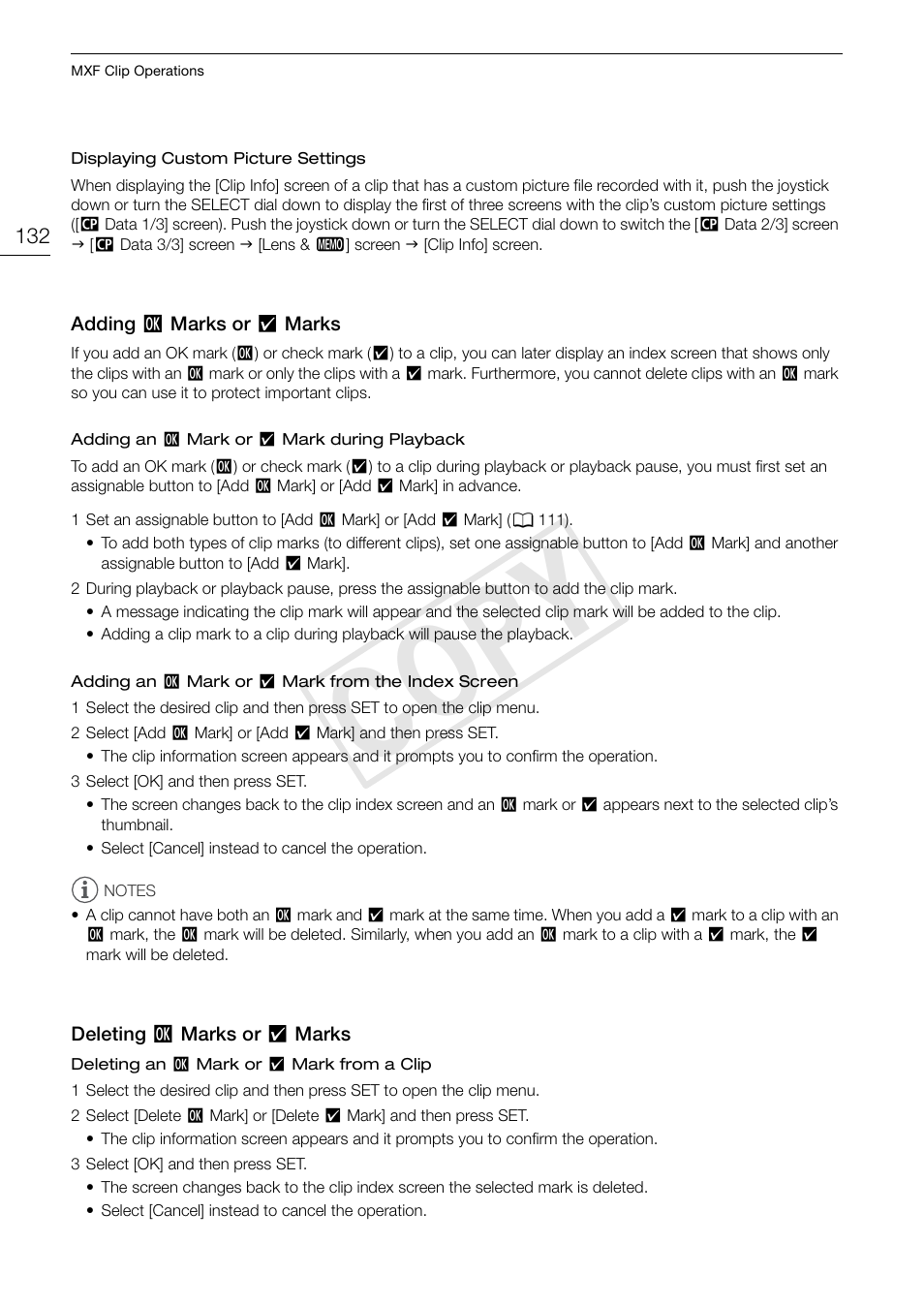 Adding ok marks or check marks, Deleting ok marks or check marks, Cop y | Canon EOS C500 PL User Manual | Page 132 / 212