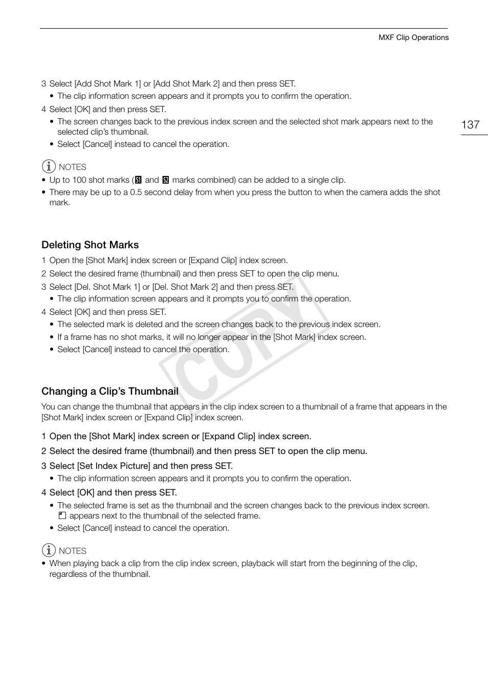 Deleting shot marks, Changing a clip’s thumbnail, Cop y | Canon EOS C500 PL User Manual | Page 137 / 212