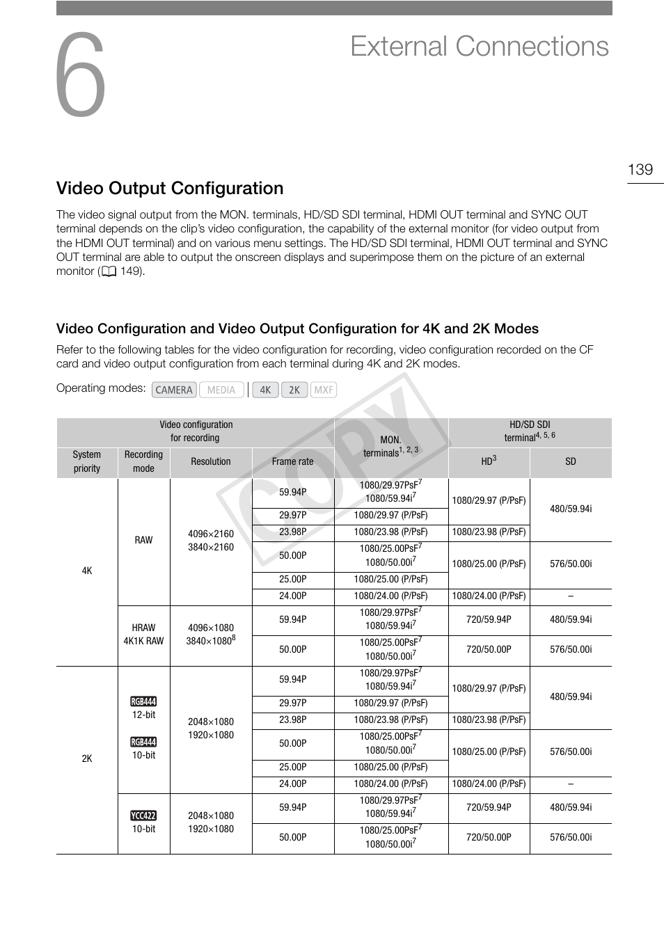 External connections, Video output configuration, External connections 139 | Video output configuration 139, Video configuration and video output, Configuration for 4k and 2k modes 139, Cop y | Canon EOS C500 PL User Manual | Page 139 / 212
