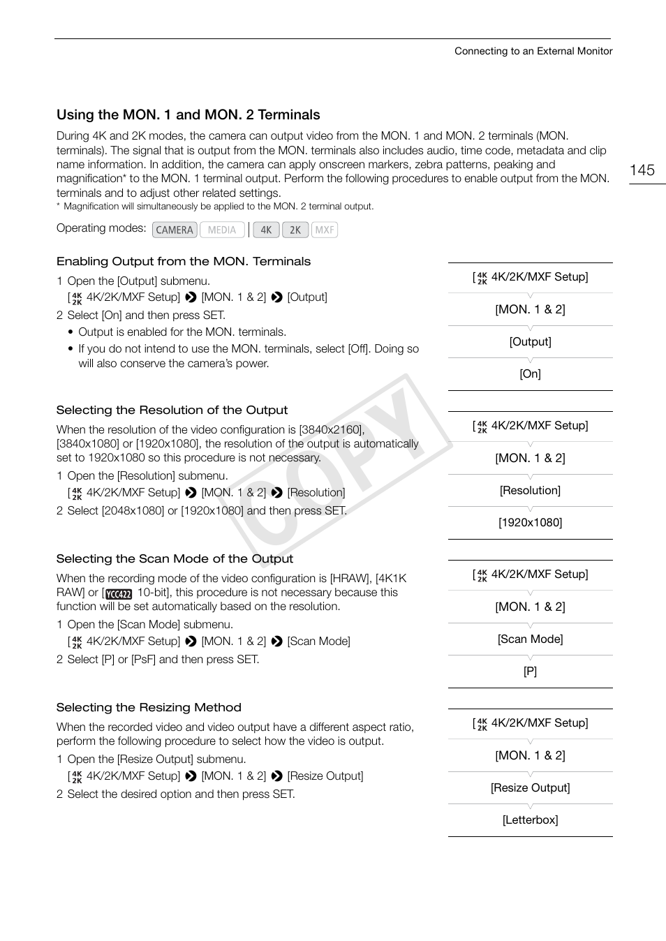 Using the mon. 1 and mon. 2 terminals, Using the mon. 1 and mon. 2 terminals 145, Cop y | Canon EOS C500 PL User Manual | Page 145 / 212