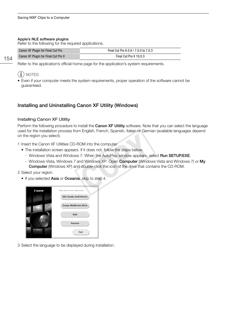 Installing and uninstalling canon xf utility, Windows) 154, Cop y | Canon EOS C500 PL User Manual | Page 154 / 212