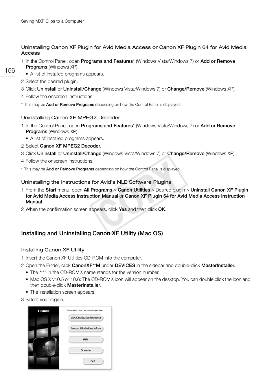Installing and uninstalling canon xf utility, Mac os) 156, Cop y | Canon EOS C500 PL User Manual | Page 156 / 212