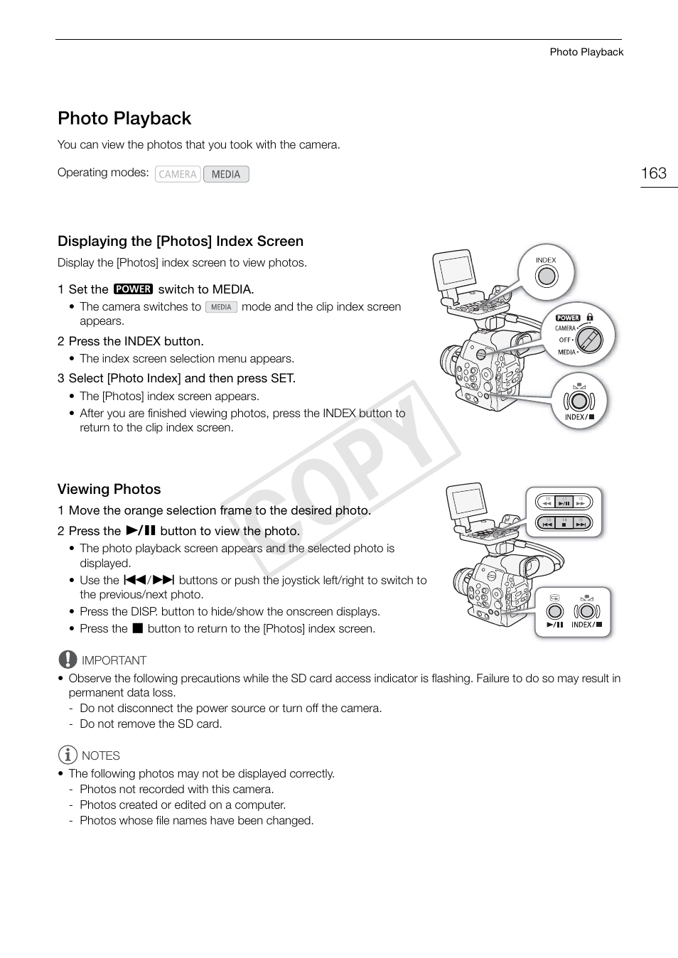 Photo playback, Displaying the [photos] index screen, Viewing photos | Photo playback 163, 163). y, Cop y | Canon EOS C500 PL User Manual | Page 163 / 212