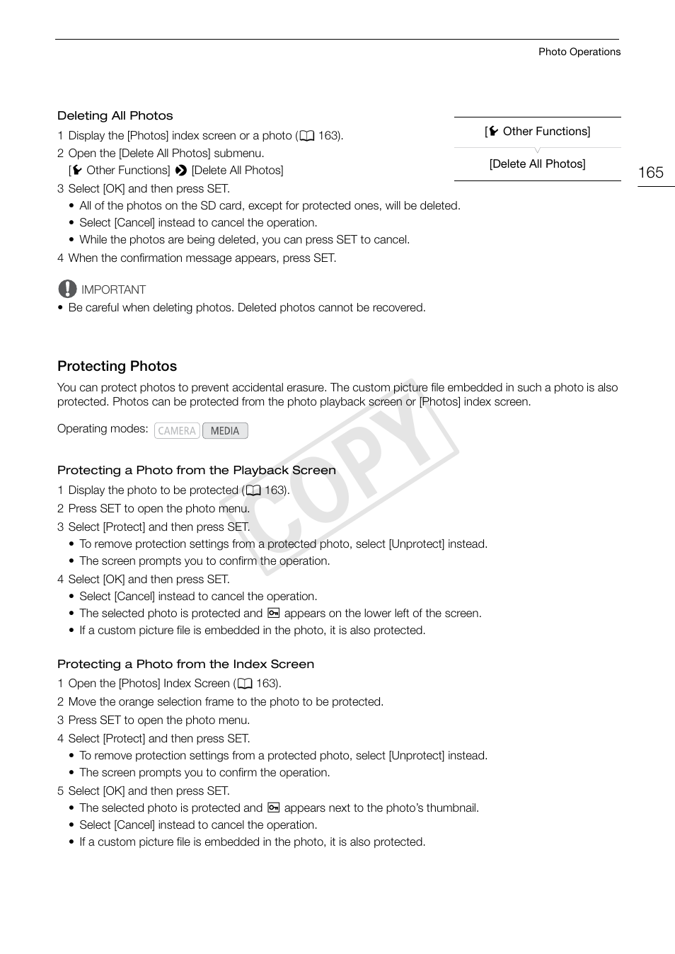 Protecting photos, Protecting photos 165, Cop y | Canon EOS C500 PL User Manual | Page 165 / 212