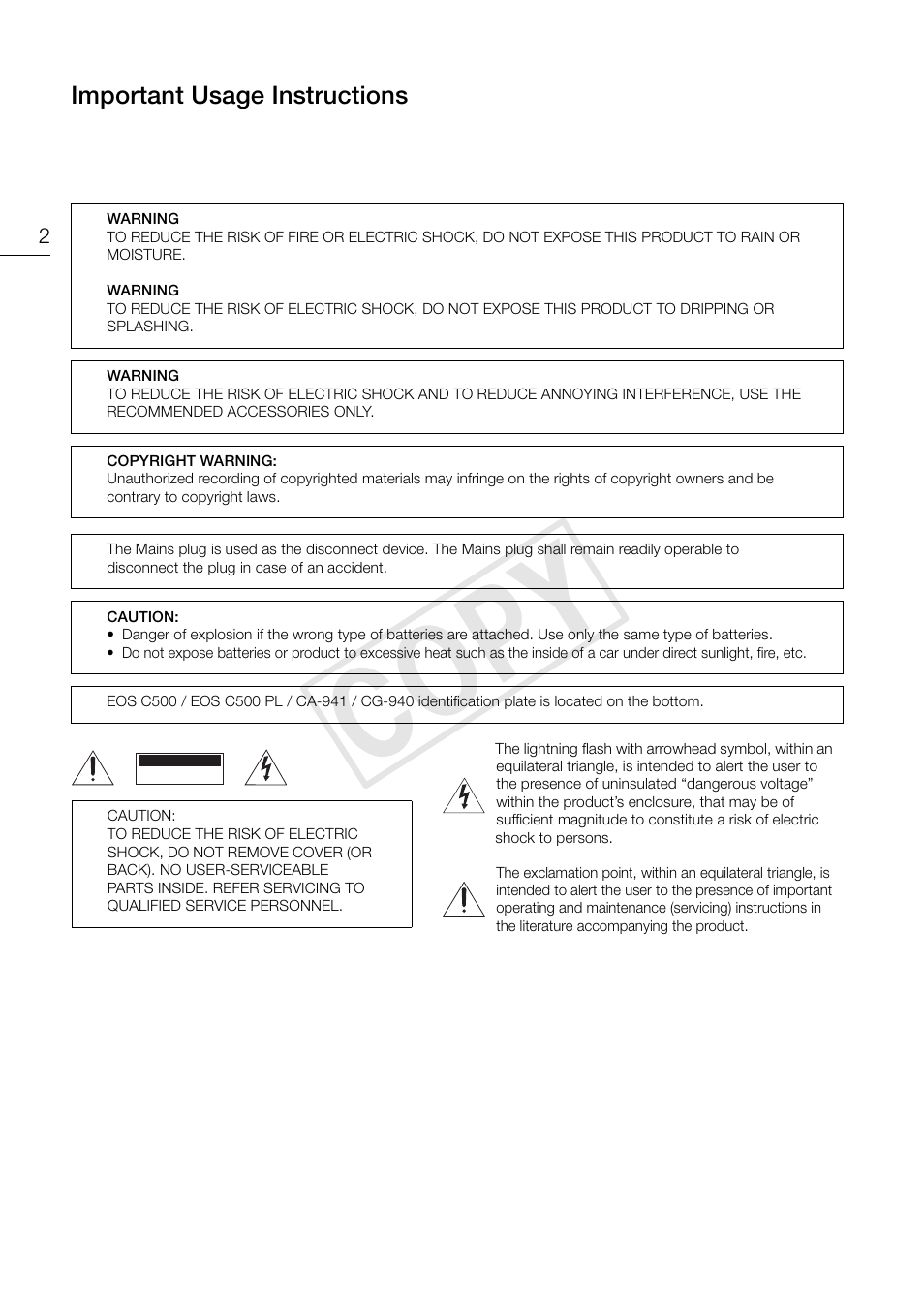 Important usage instructions, Cop y | Canon EOS C500 PL User Manual | Page 2 / 212