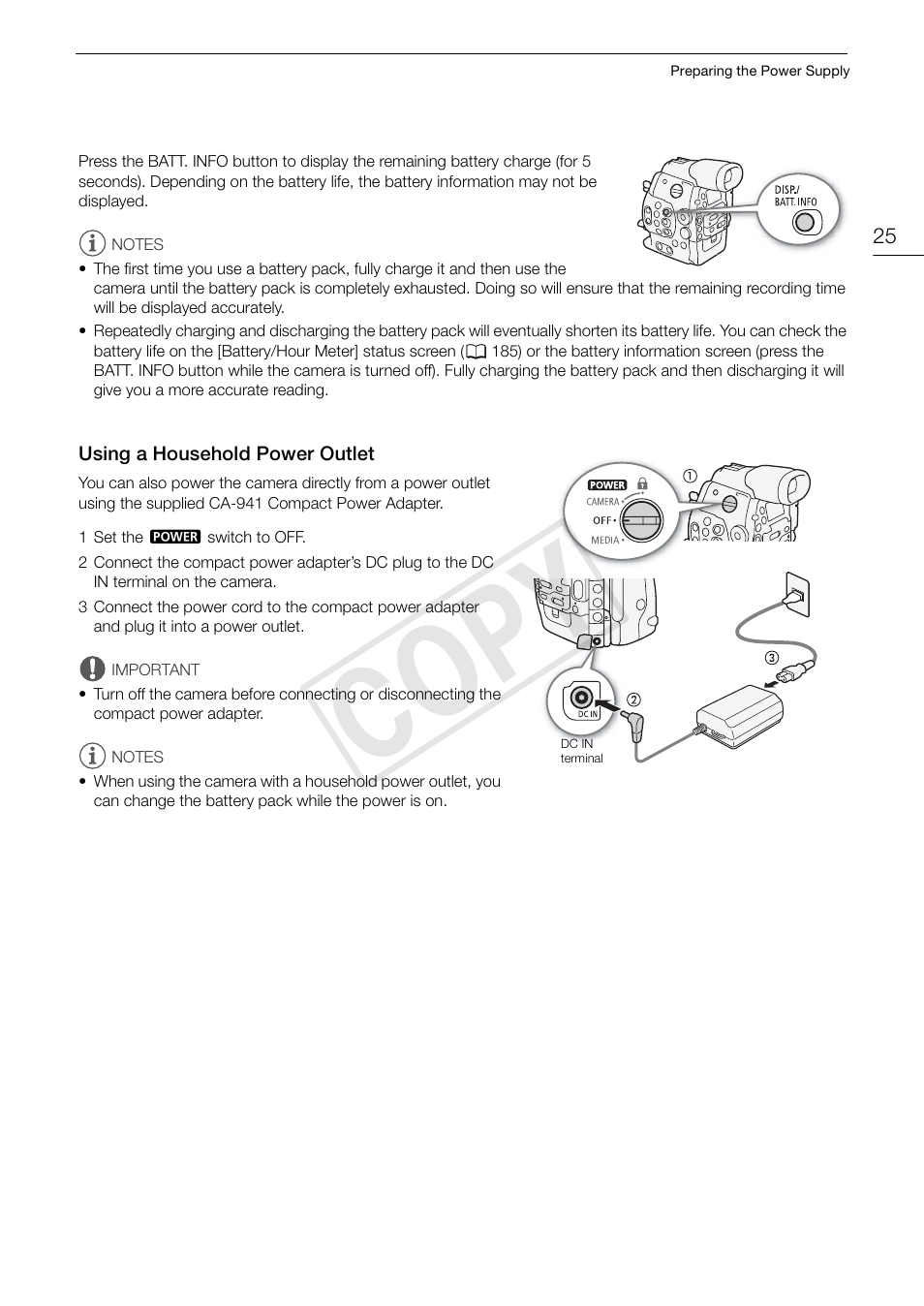 Using a household power outlet, Using a household power outlet 25, Cop y | Canon EOS C500 PL User Manual | Page 25 / 212