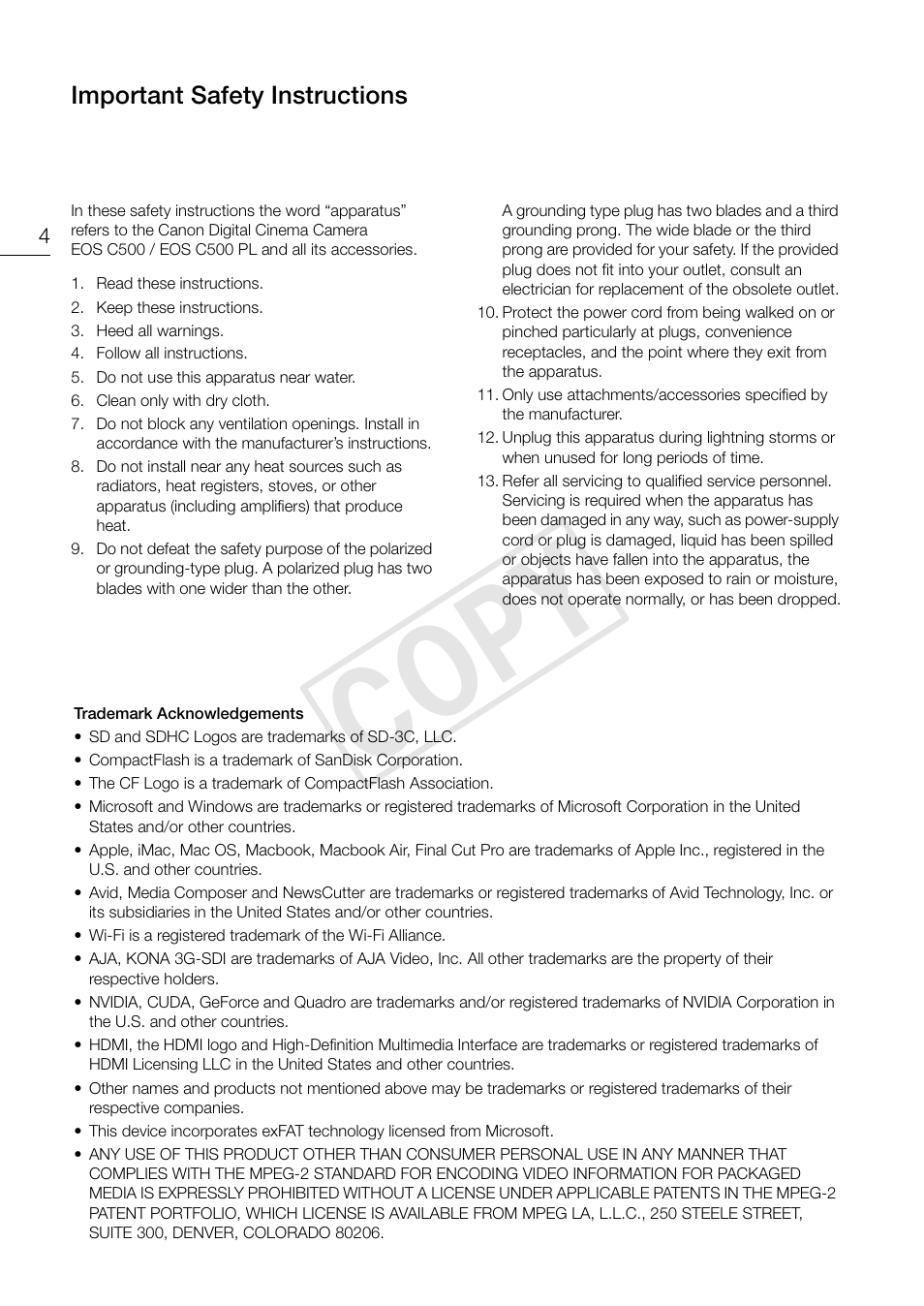 Important safety instructions, Cop y | Canon EOS C500 PL User Manual | Page 4 / 212