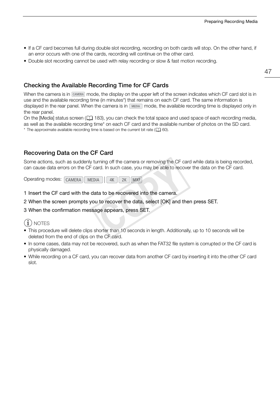 Checking the available recording time for cf cards, Recovering data on the cf card, Checking the available recording time for cf | Cards 47, Recovering data on the cf card 47, Cop y | Canon EOS C500 PL User Manual | Page 47 / 212