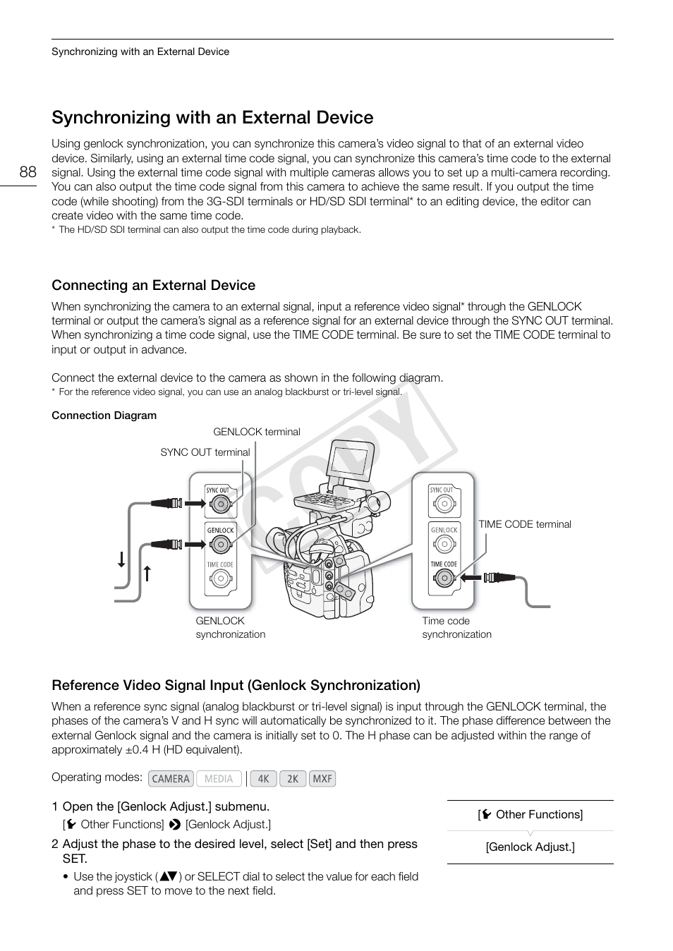 Synchronizing with an external device, Connecting an external device, 88), t | Synchronizing with an external device 88, Synchronization) 88, Cop y | Canon EOS C500 PL User Manual | Page 88 / 212