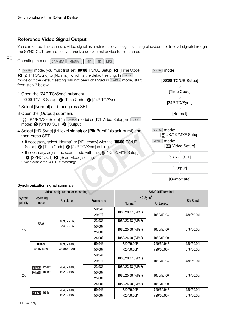 Reference video signal output, Reference video signal output 90, Cop y | Canon EOS C500 PL User Manual | Page 90 / 212