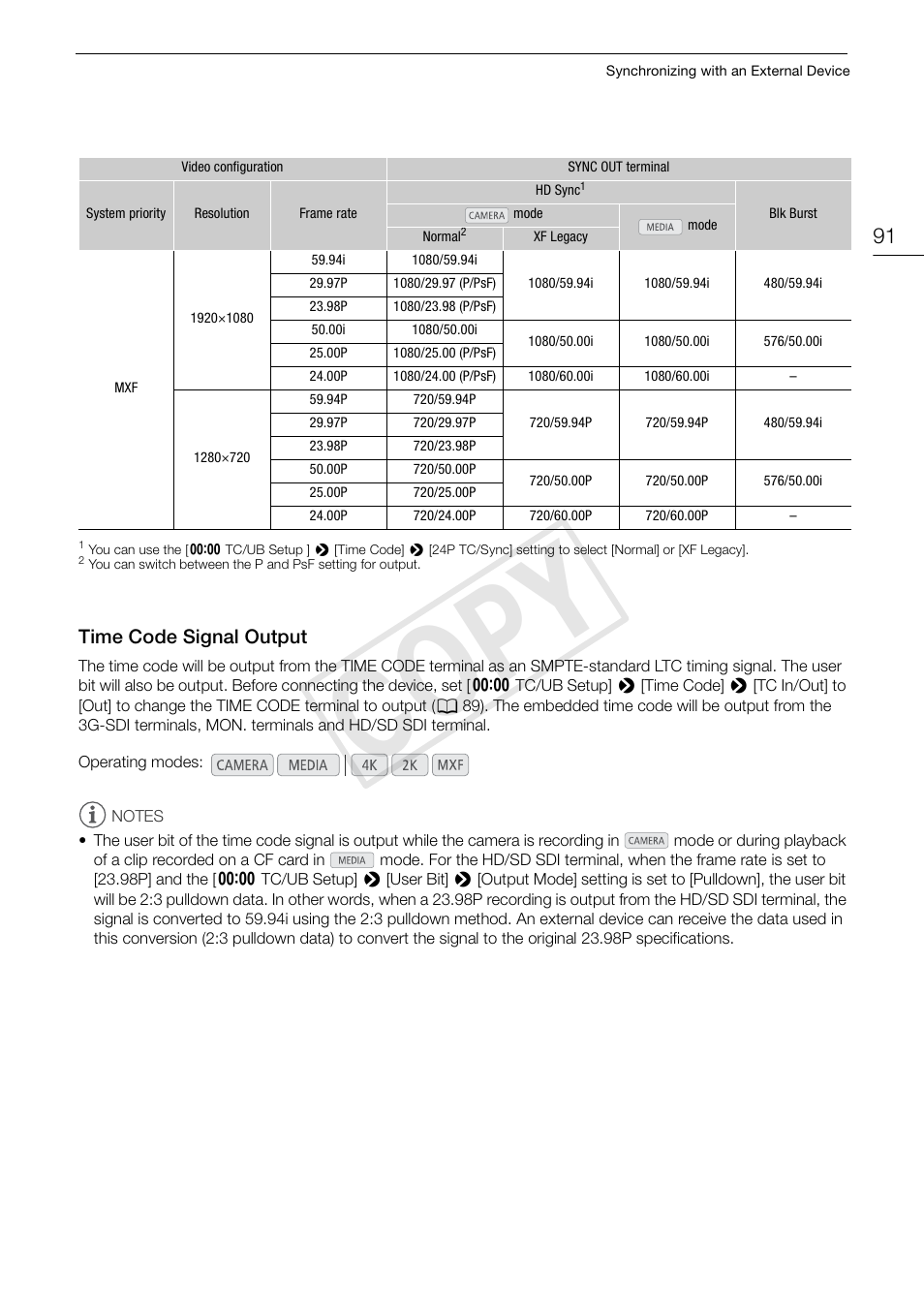 Time code signal output, Time code signal output 91, Cop y | Canon EOS C500 PL User Manual | Page 91 / 212