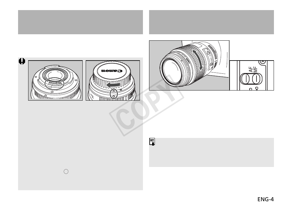 Cop y, Setting the focus mode, Mounting and detaching the lens | Canon EF 100mm f2.8 Macro USM User Manual | Page 5 / 14