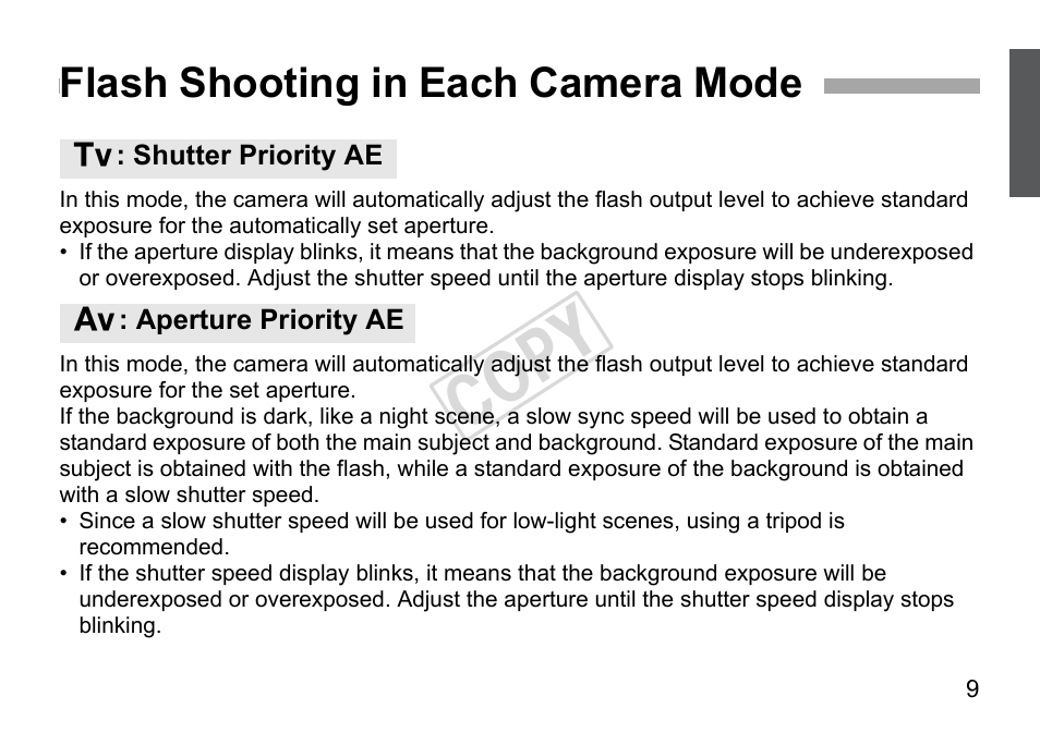 Cop y, Flash shooting in each camera mode | Canon Speedlite 270EX II User Manual | Page 11 / 88