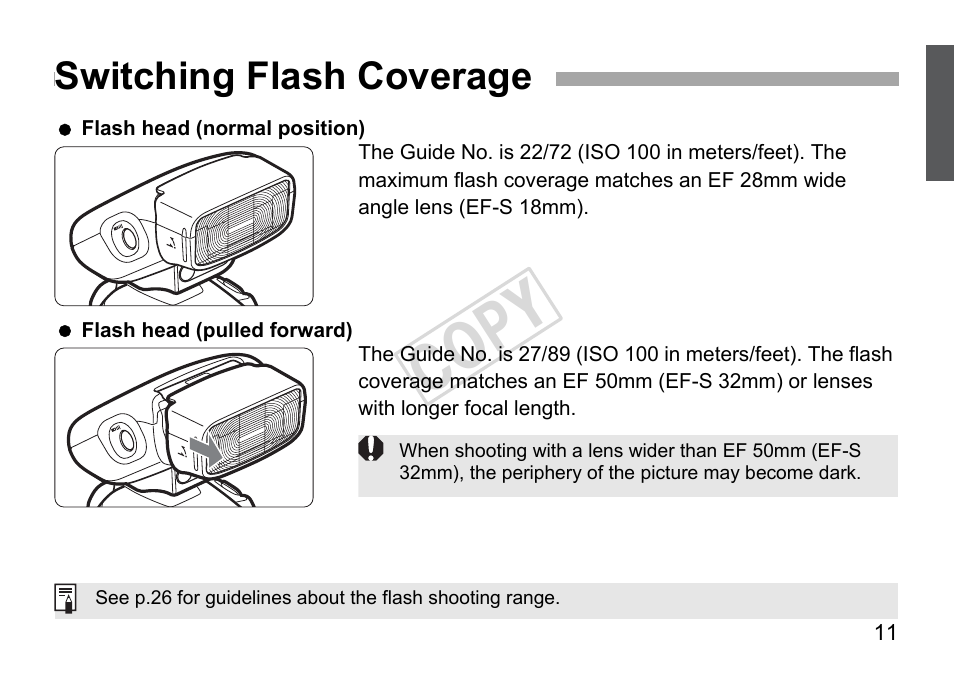 Cop y, Switching flash coverage | Canon Speedlite 270EX II User Manual | Page 13 / 88