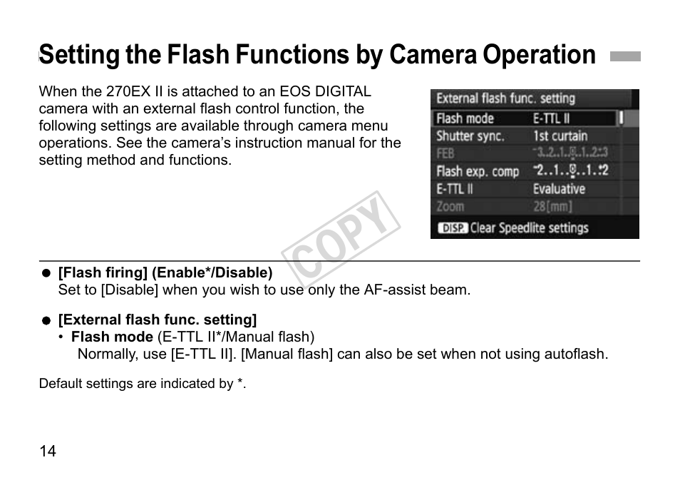 Cop y, Setting the flash functions by camera operation | Canon Speedlite 270EX II User Manual | Page 16 / 88